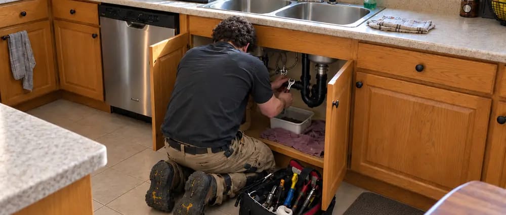A plumber kneeling at an open kitchen sink cabinet, working on the drain pipes with a wrench, with a tool bag on the floor beside him.